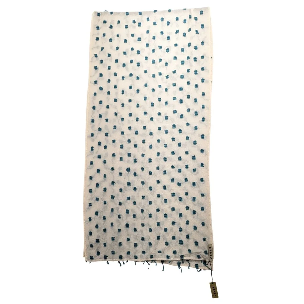 Biasa 100%‎ Silk Scarf Cream Teal Blue Tufted Fringe Textured 17